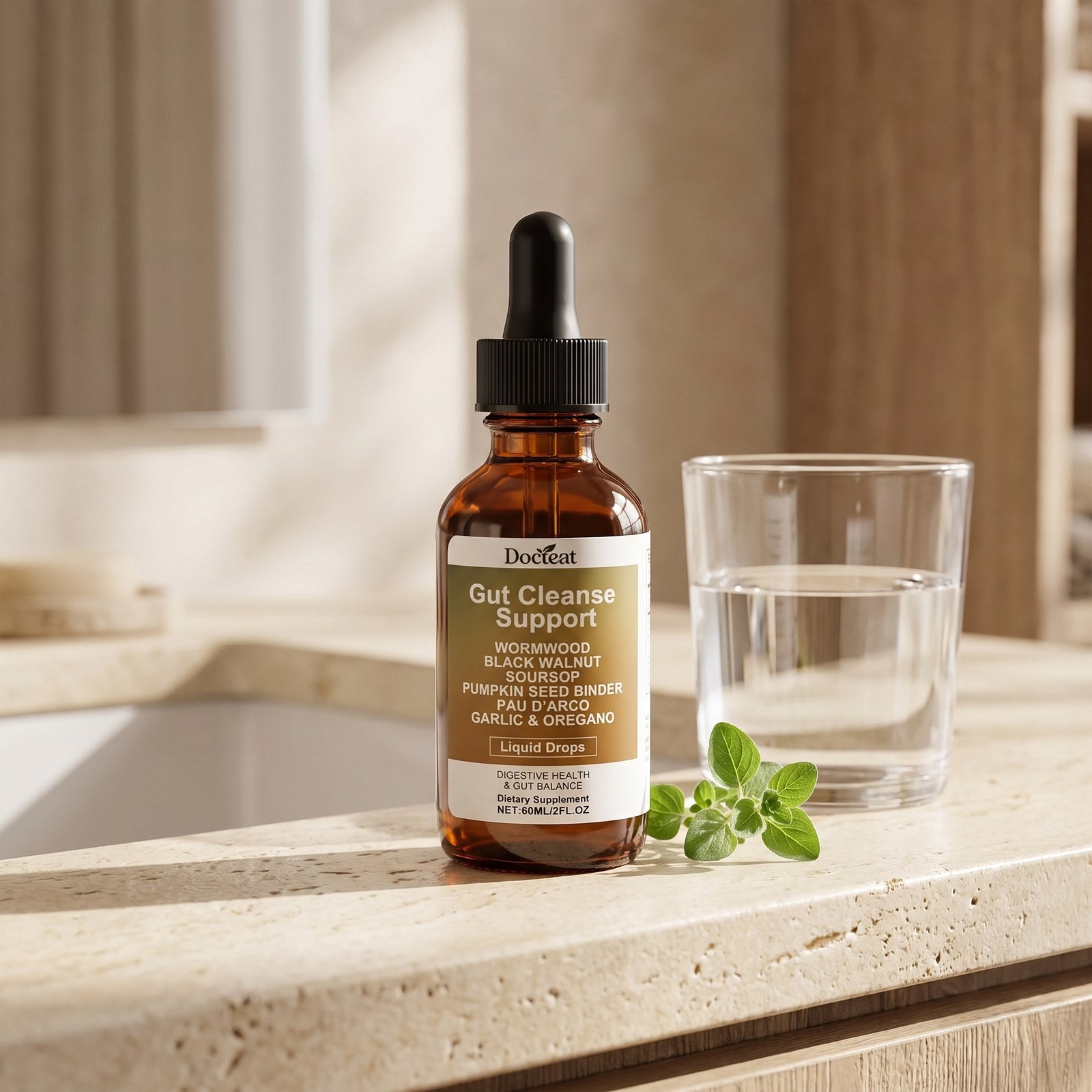 Gut Cleanse Support drops on a bathroom counter