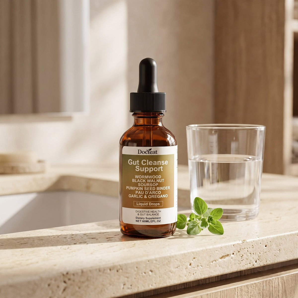 Gut Cleanse Support drops on a bathroom counter